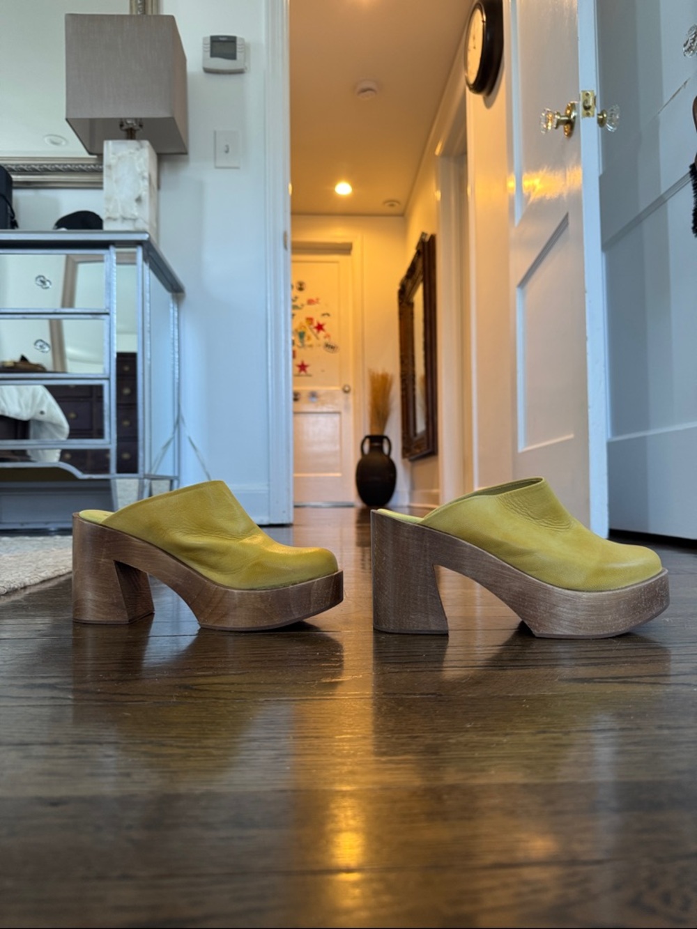 Free People Olive-Yellow Leather Platform Mule Clogs
